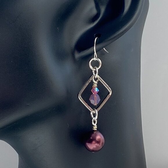 Austrian Crystals & Pearls on Rhodium Plated Squares with Fisherman Hook Earring - Picture 4 of 4